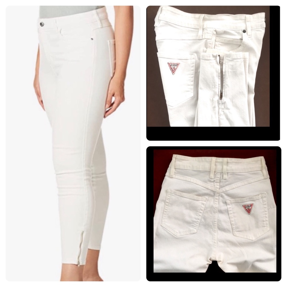 GUESS White Denim High Rise Skinny Crop Jeans Gold Zip Ankle Details Stretch